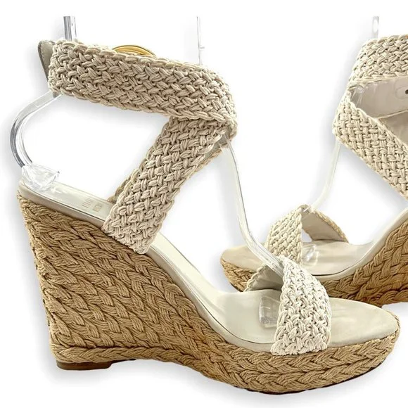 STUART WEITZMAN ESPADRILLE WEDGE SANDAL Size 10 Ivory Nude ALEX Crochet Platform - Picture 4 of 9